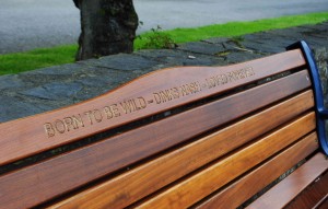 Bench with inscription 'Born to be wild - Dinks Nash - Loved forever'